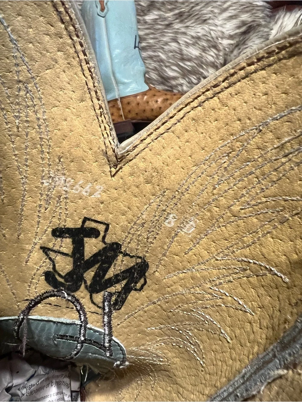 JM Collection Tan Ostrich Leather Western Boots with Light Blue Shaft Sz 8 D